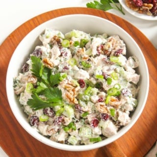 pecan chicken salad with dried cranberries in a bowl