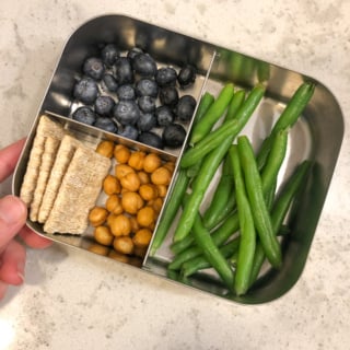blueberries, string beans, crackers, dried chickpeas