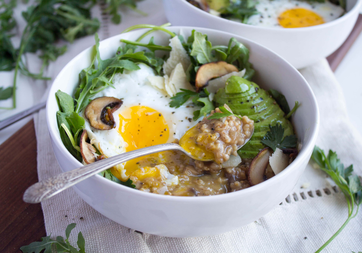 savory oatmeal with eggs and mushrooms